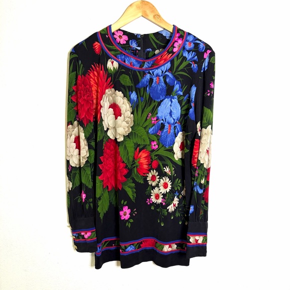 Leonard Tops - Vintage 80s 90s Leonard 100% silk jersey mikado Floral Women's Tunic Top sz L